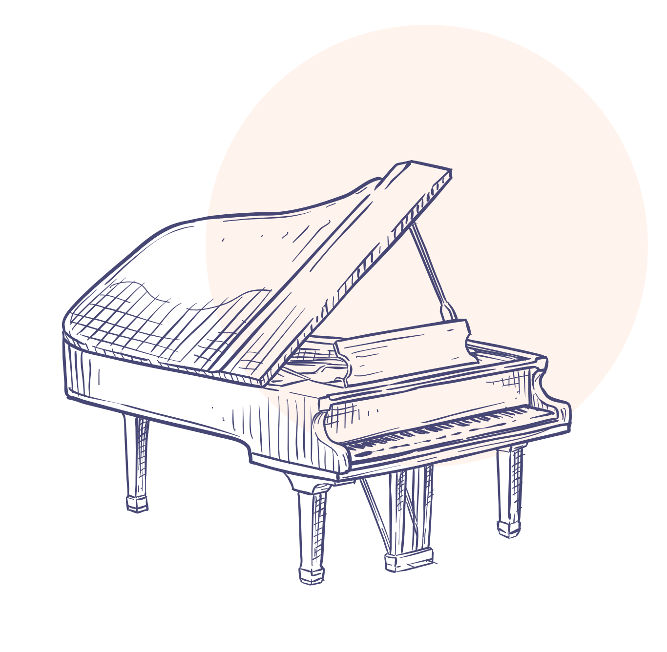Hand-drawn sketch of a grand piano with an open lid and a music sheet on the music stand.