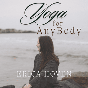 Book cover titled "Yoga for Anybody" by Erica Hoven, featuring a woman meditating outdoors near water.