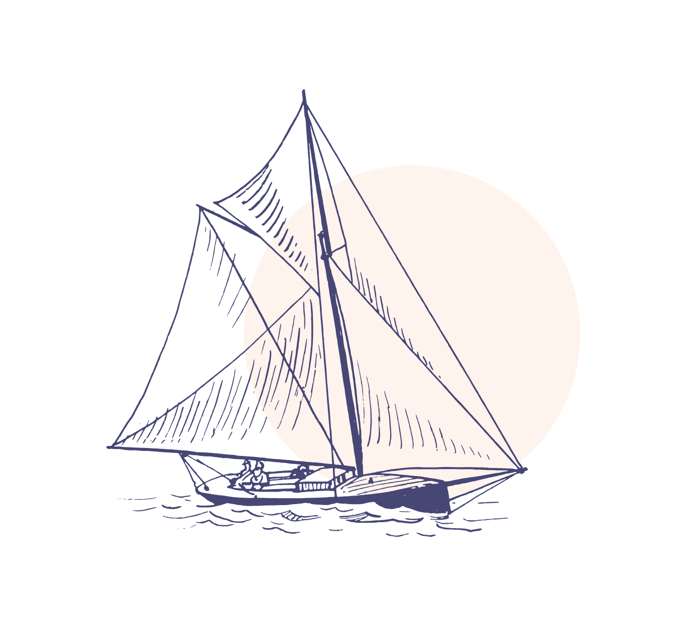 A line drawing of a sailboat with sails up on water, set against a large, bright full moon in the background.