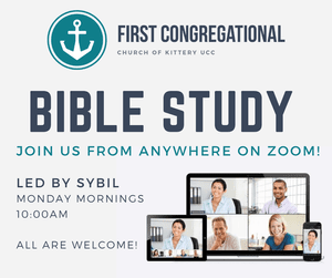 Announcement for first congregational Bible study on Zoom, led by Sybil on Monday mornings at 10:00 a.m., with a logo featuring an anchor inside a circle, and pictures of four people on a Zoom call.