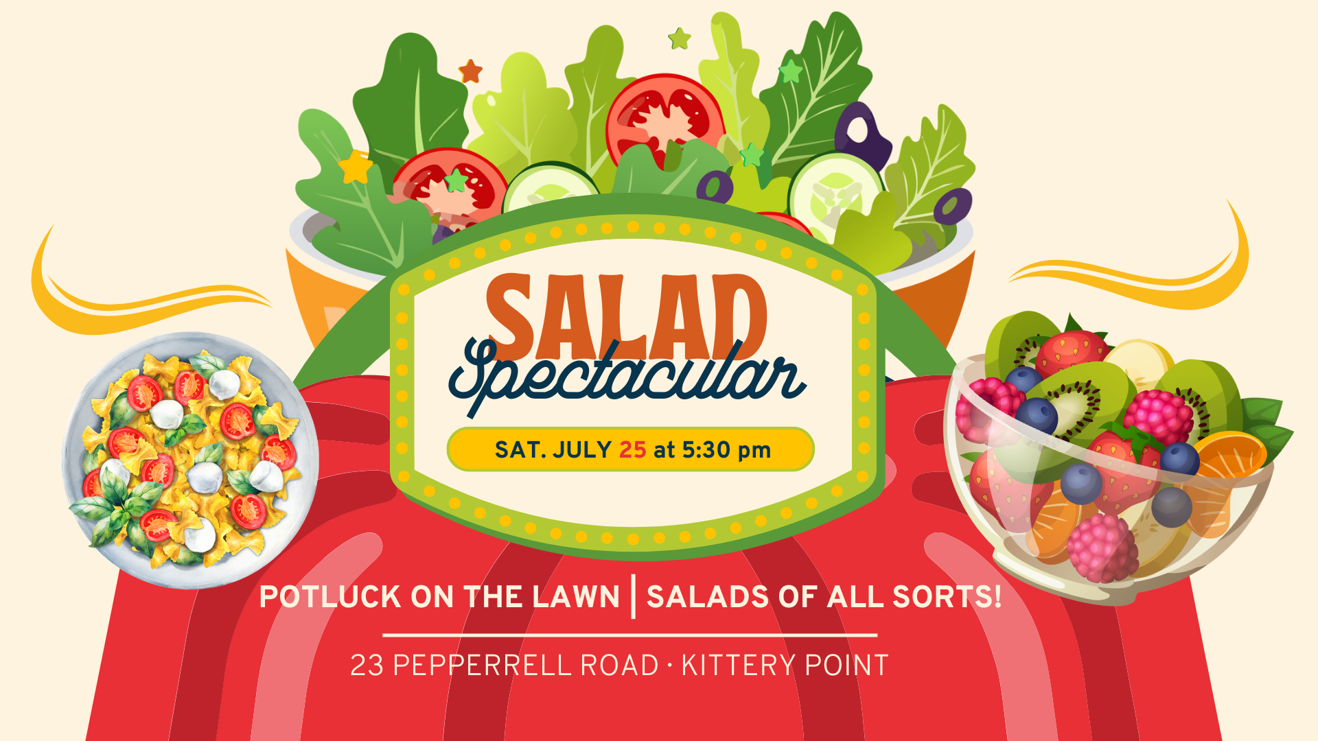 a flyer for a community potluck in kittery point maine on Saturday July 25