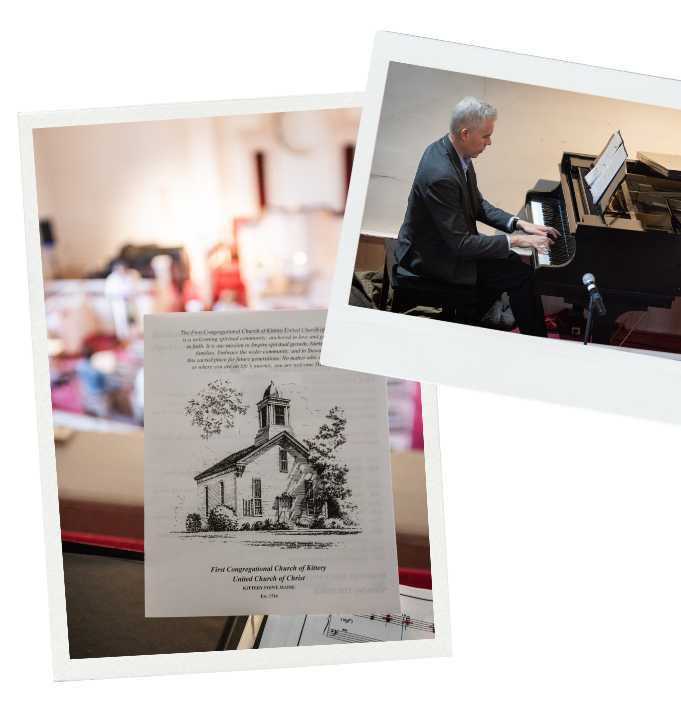 Photograph collage of a man playing a grand piano and a church brochure for the First Congregational Church of Kittery, Maine.