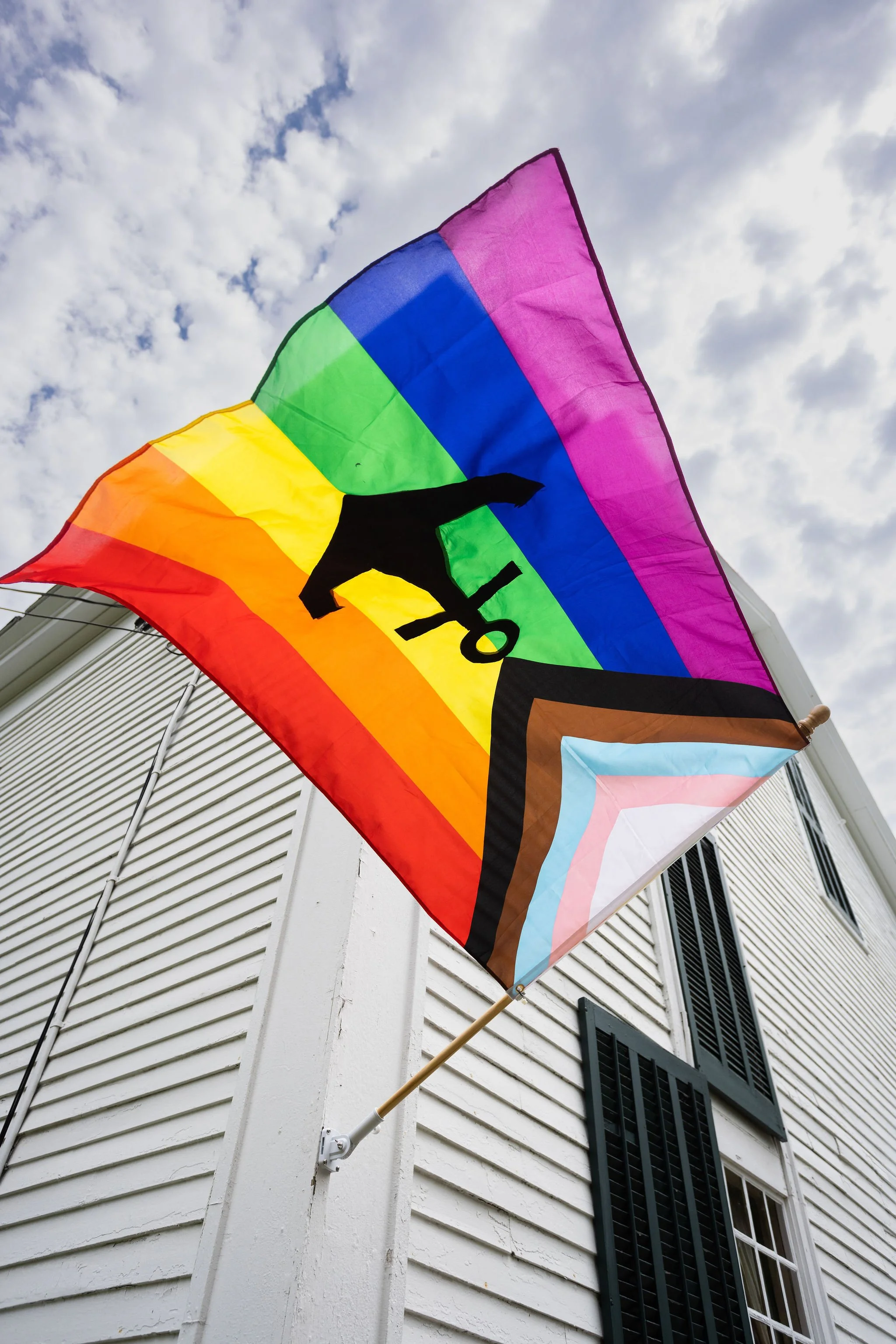 Rainbow flag with a black panther symbol and the date 06.01.21, attached to a white building, under a cloudy sky.