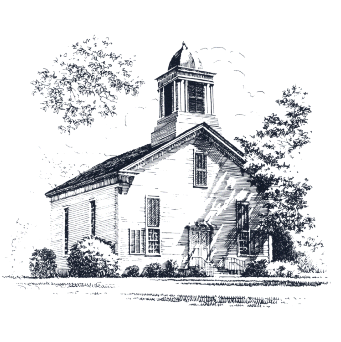 Sketch of a small church with a steeple, surrounded by trees and bushes.
