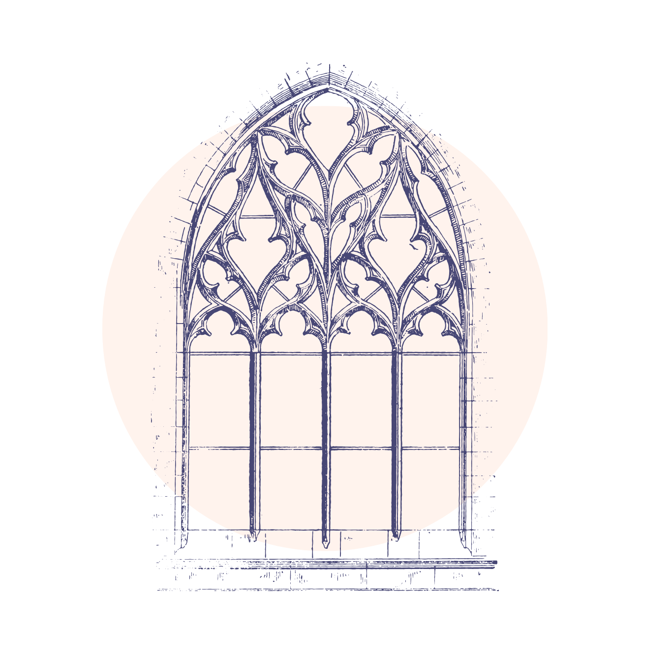 Illustration of a Gothic-style stained glass window with intricate pointed arches and ornate tracery, seen against a light circular background.