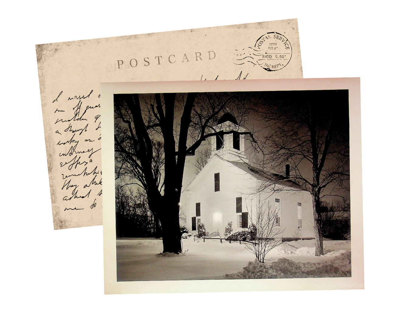 A black and white photograph of a white church with a steeple, surrounded by snow and leafless trees, taken at night.