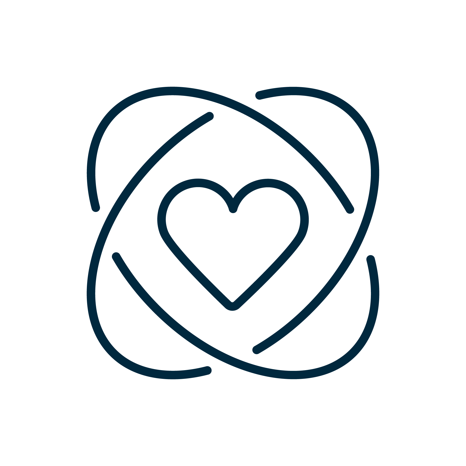 Line drawing of a heart surrounded by curved lines, representing love or connection, on a black background.