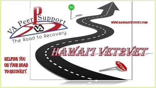 Road with arrows leading to a stop sign, overlaid with text 'HAWAII VET2VET' and a logo with a red 'P' and the words 'Peer Support The Road to Recovery'. Additional text includes 'HELPING YOU ON YOUR ROAD TO RECOVERY' and the website 'WWW.HAWAIIVET2VET.COM'.