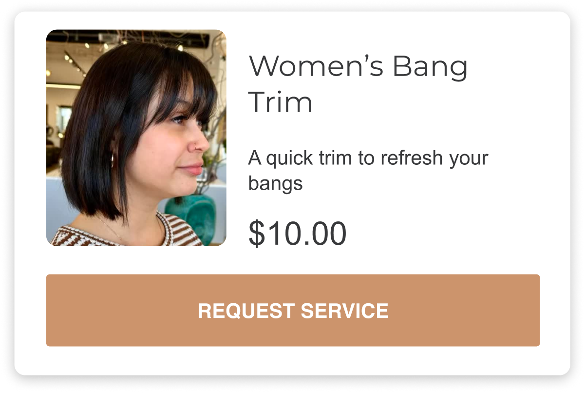 womens bang trim is a quick trim to refresh your bangs for only ten dollars