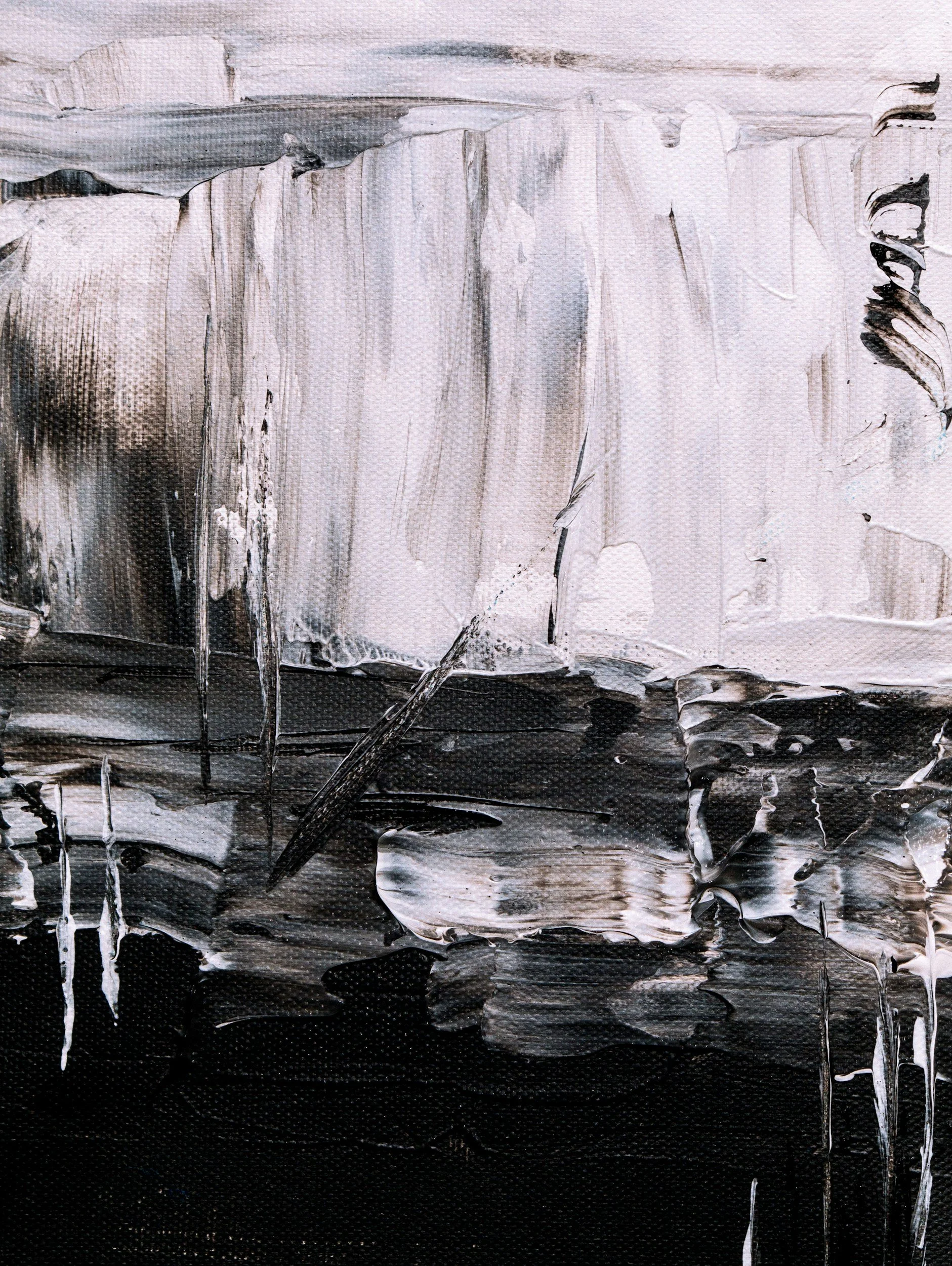 Abstract black, white, and gray textured painting with thick brushstrokes and layered paint.