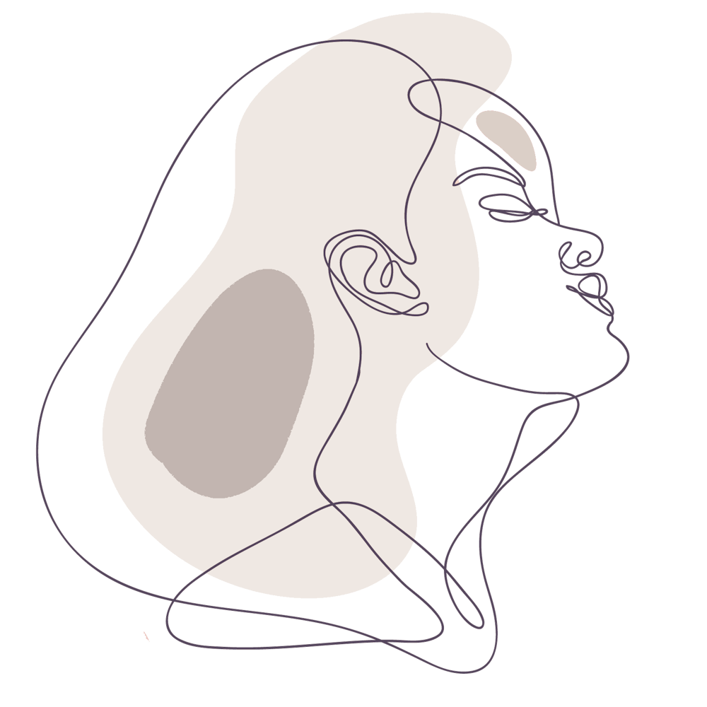 Line drawing of a woman's profile with a large abstract shape in the background, using minimalistic tones and lines.