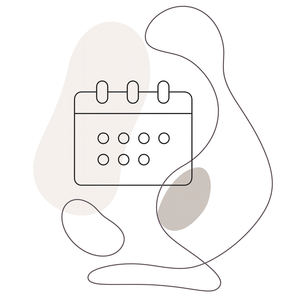 Line drawing of a hand holding a laptop with a calendar icon displayed on the screen.