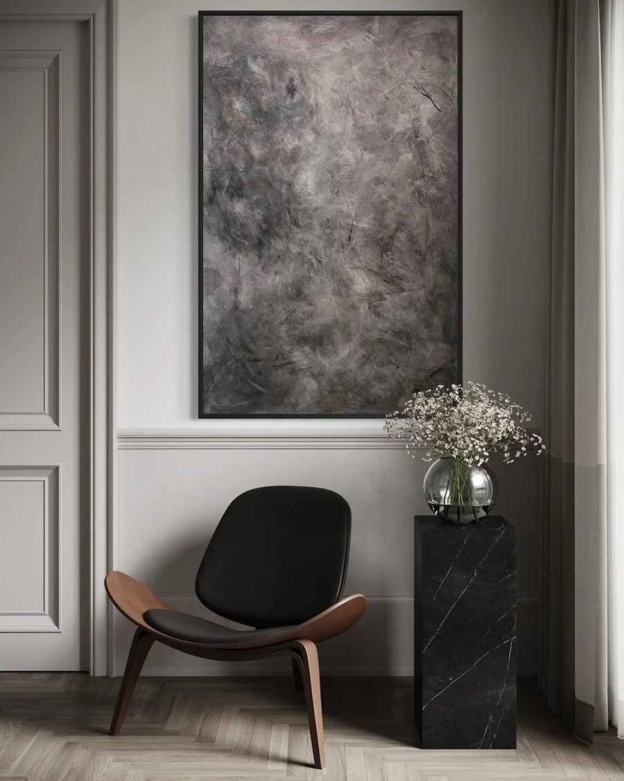 Asper - Acrylic &amp; Oil on Canvas

Layered washes of greys &amp; charred undertones. 
#abstractartwork #contemporaryart #paintingart
