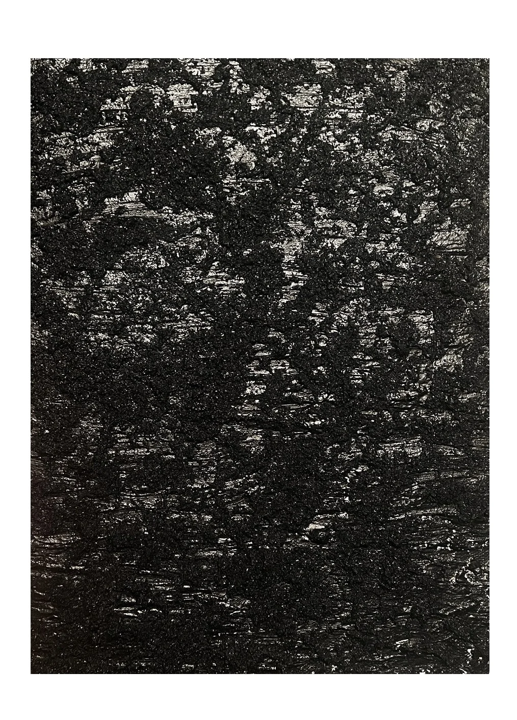 Close-up image of black textured painting with visible brush strokes and irregularities.