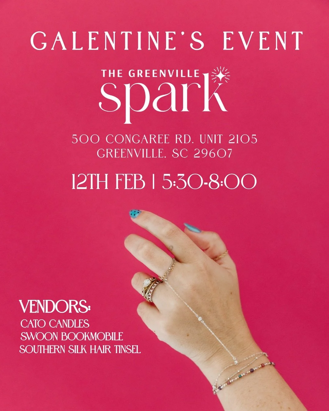 Looking for a fun Galentine&rsquo;s Night in Greenville, SC? Join us at The Greenville Spark on February 12 from 5:30&ndash;8:00 PM for an evening of shopping, permanent jewelry, and local vendors.

Featuring:
&bull; Swoon Book Mobile (romance books 