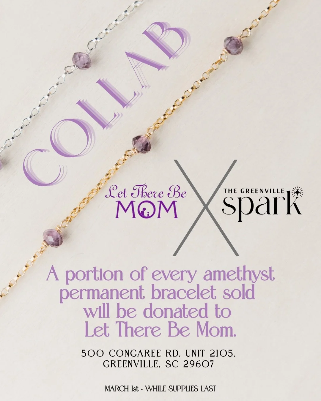 We&rsquo;ve partnered with Let There Be Mom to a Greenville, SC, based nonprofit organization dedicated to serving local moms and dads who are battling a life-threatening illness.

For a limited time, a portion of every handmade amethyst bracelet sol
