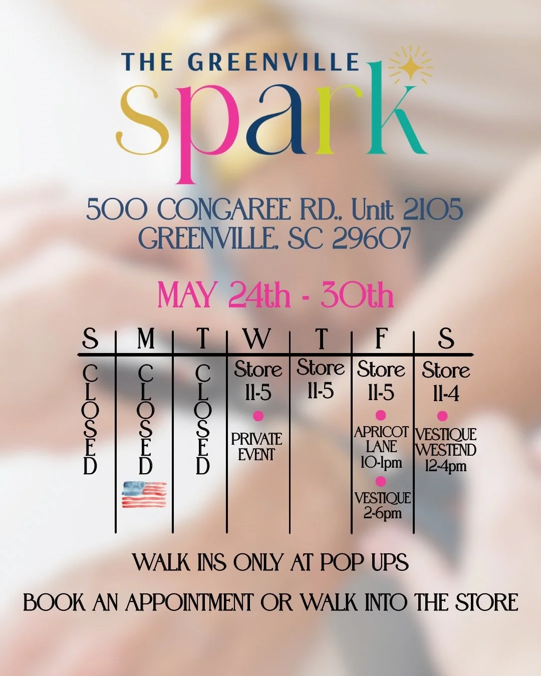 We have a fun week ahead at The Greenville Spark! We&rsquo;re heading out for FOUR events this week including two different Vestique locations, Apricot Lane Boutique, and a private event.

One of the best parts? We recently added a new team member wh