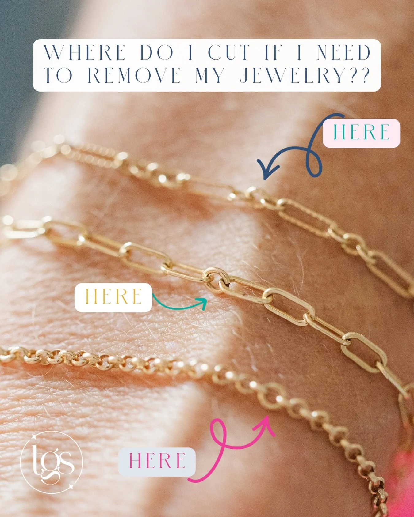 Need to remove your permanent jewelry? Simply cut the jump ring using sharp kitchen scissors, nail clippers, or wire cutters. Please make sure you cut the jump ring only &mdash; cutting the chain or a connector may result in an additional repair char