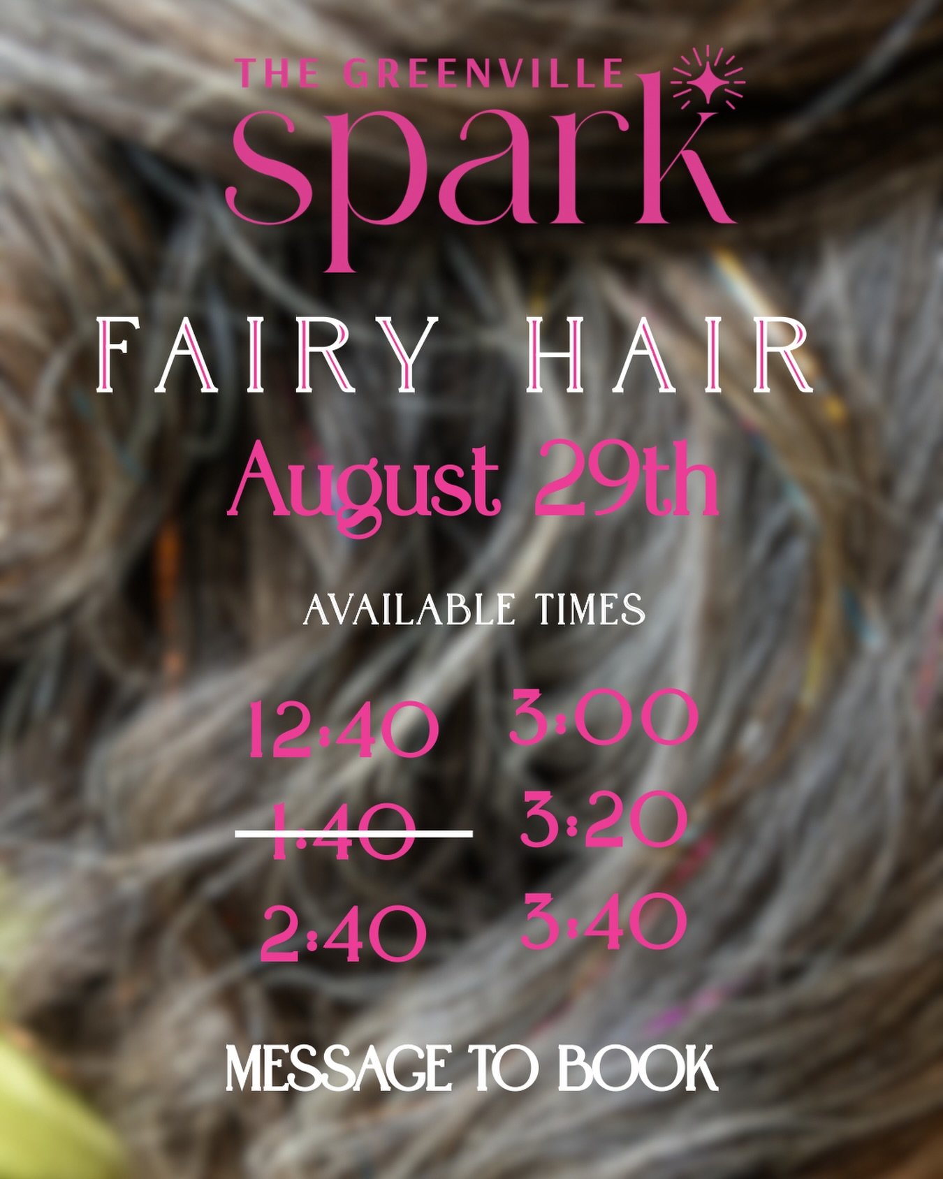 Sara will be here Saturday and she has 5 spots left!! $3 per strand. Message me to book. 

#fairyhair #greenvillesc #hairtinsel #thingstodoingreenville #yeahthatgreenville