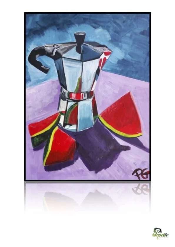 Print oeuvre d'art peinture acrylique "Coffee pot and watermelon"