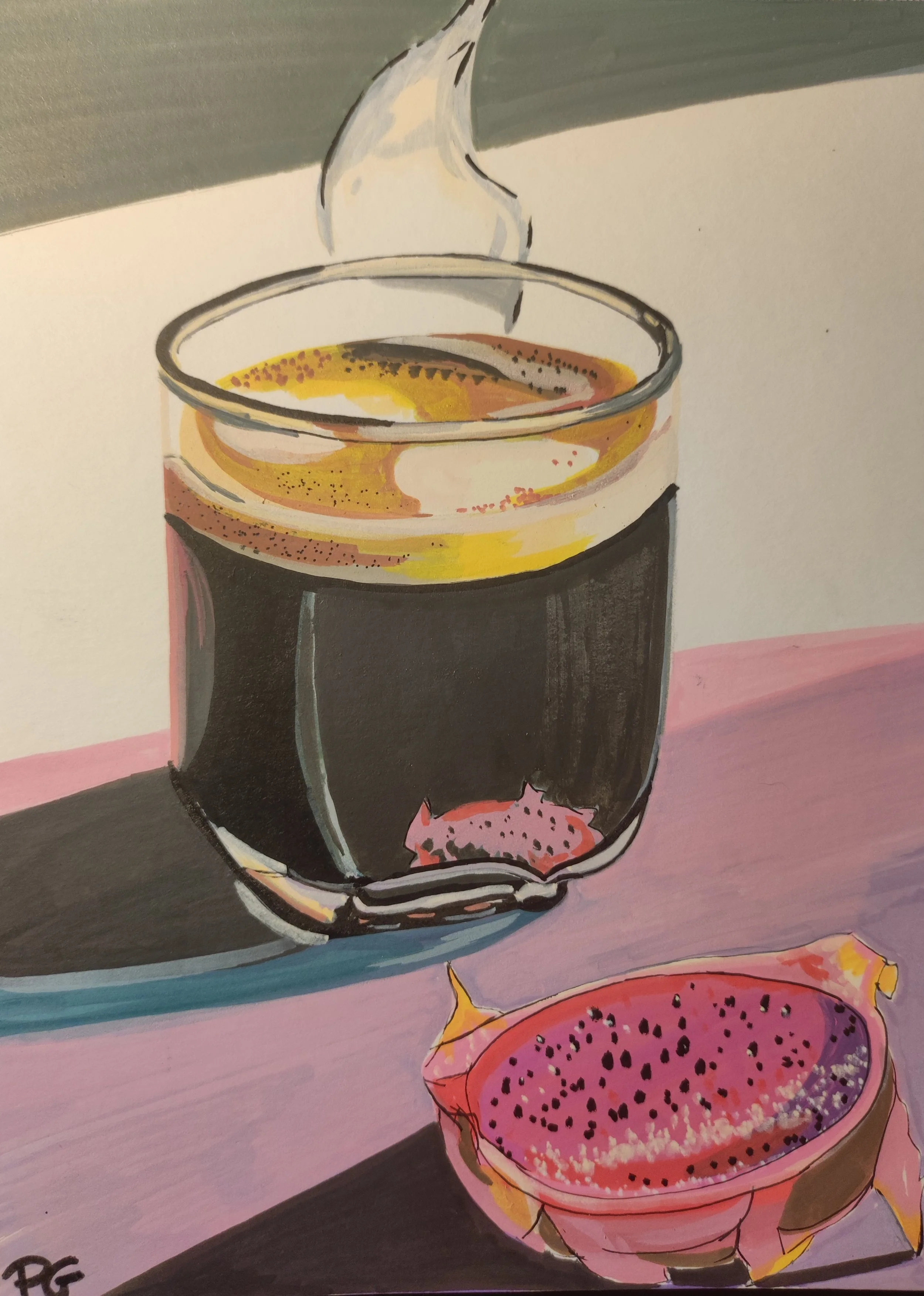Peinture acrylique sur papier originale - Café et pitaya (fruit du dragon)