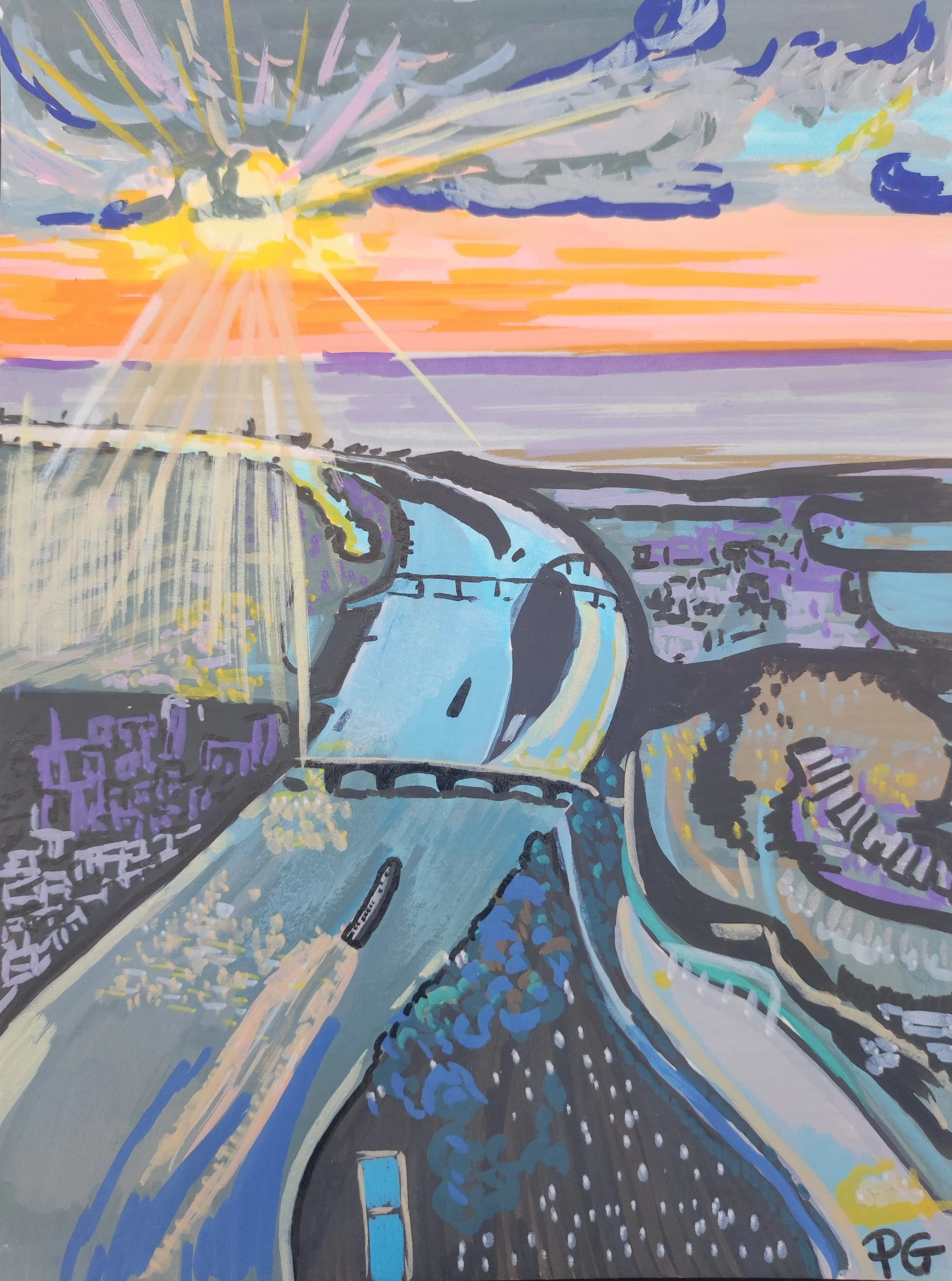 Peinture acrylique sur papier - Sunset from an airplane