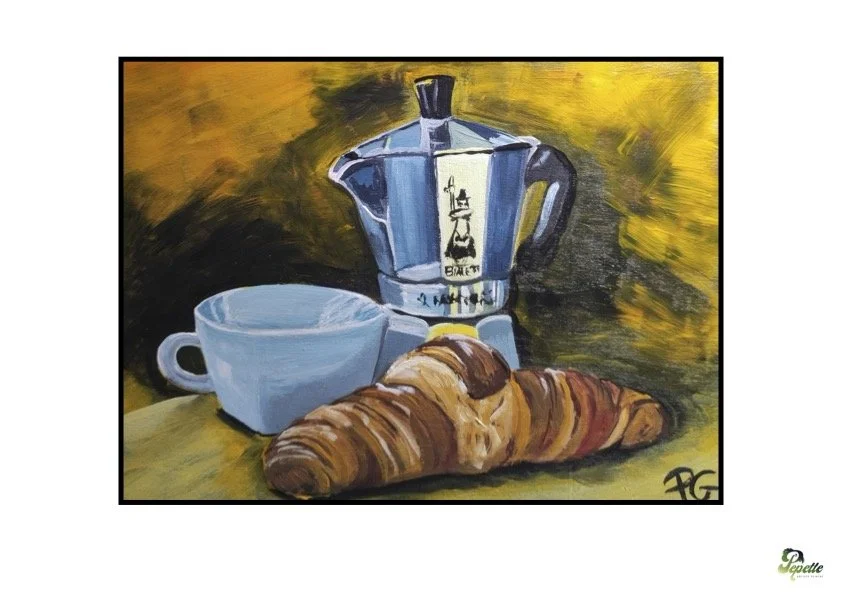 Print oeuvre d'art peinture acrylique "Café-Croissant"