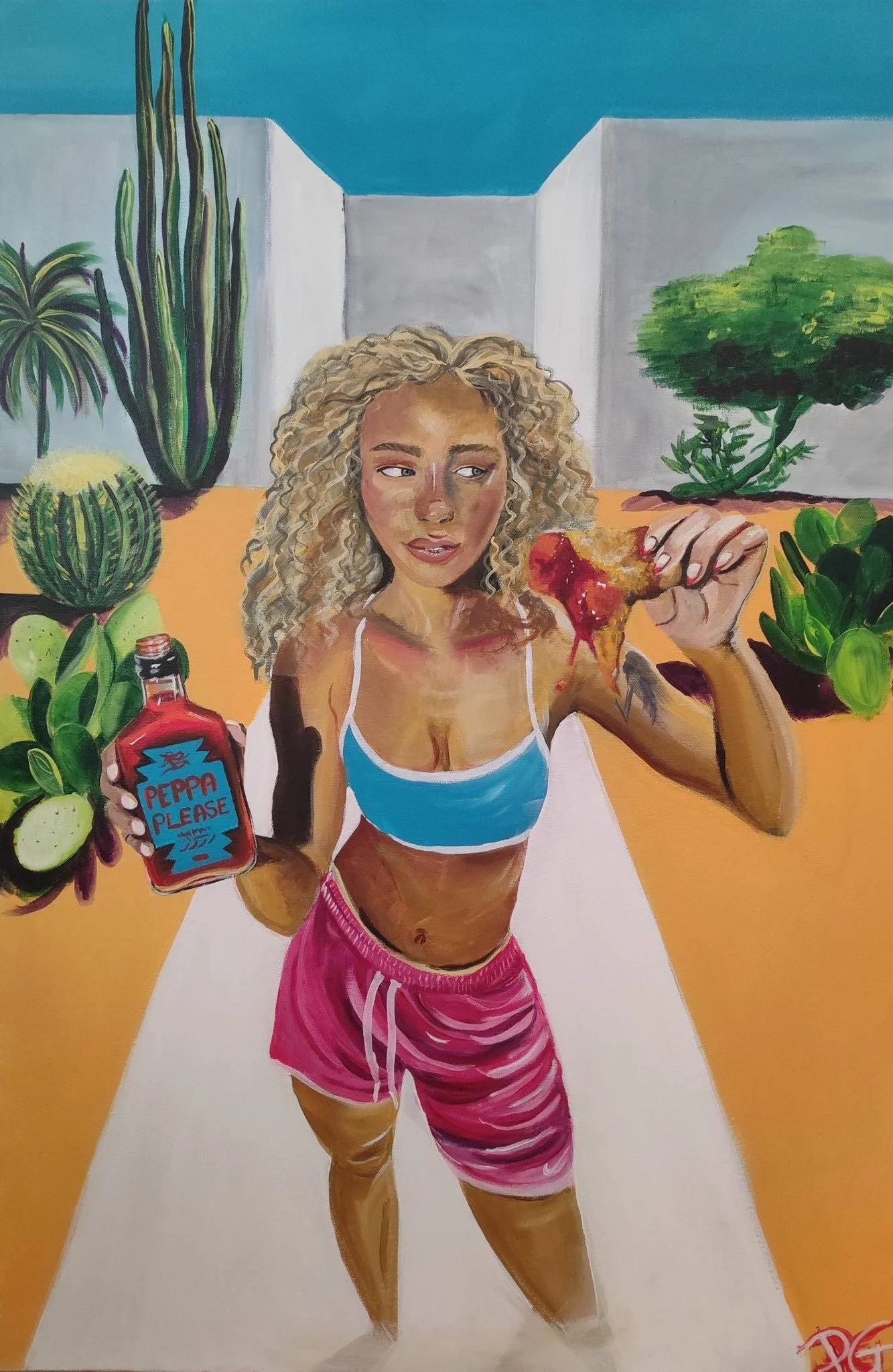 Summer girl chicken wing and hot sauce- print oeuvre originale acrylique