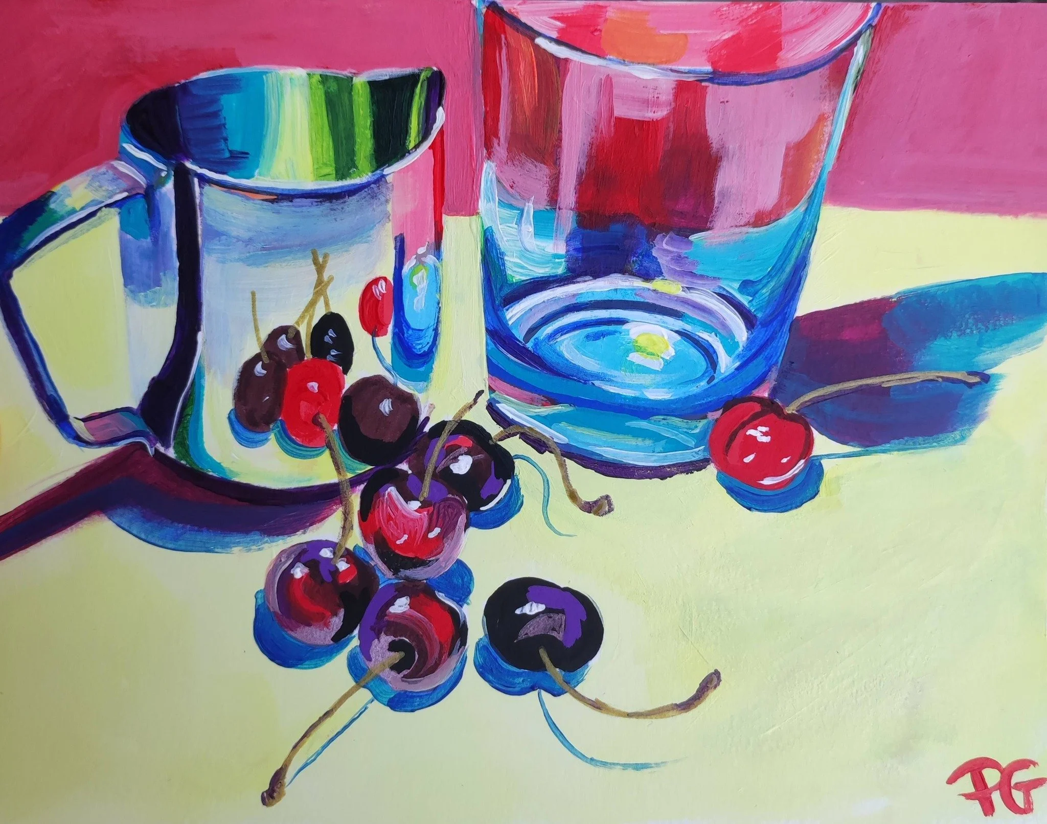 Impression oeuvre d'art originale peinture acrylique - cherries and water