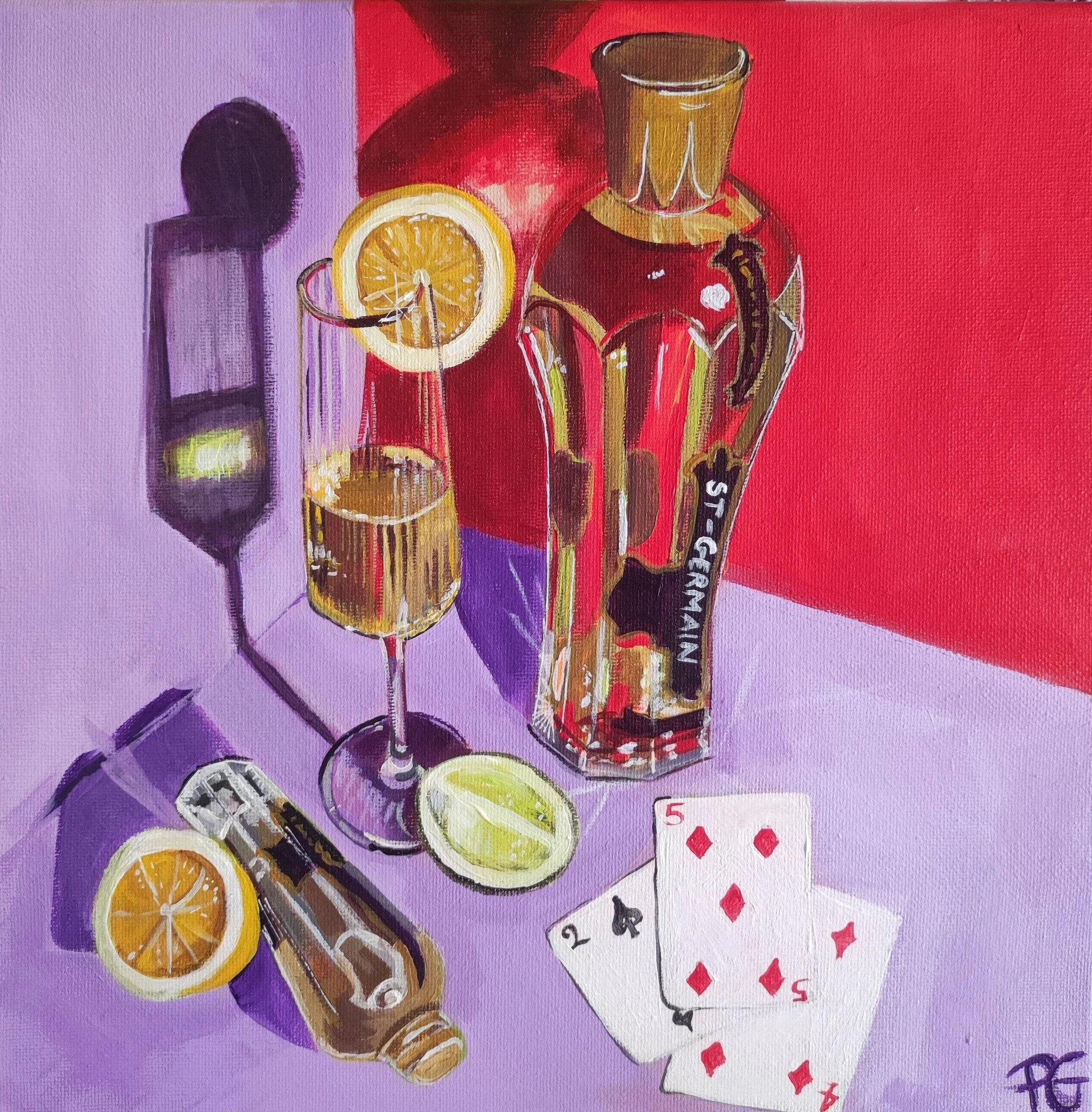 Rétro, whisky, citrons et cartes de jeu- print oeuvre originale peinture acrylique