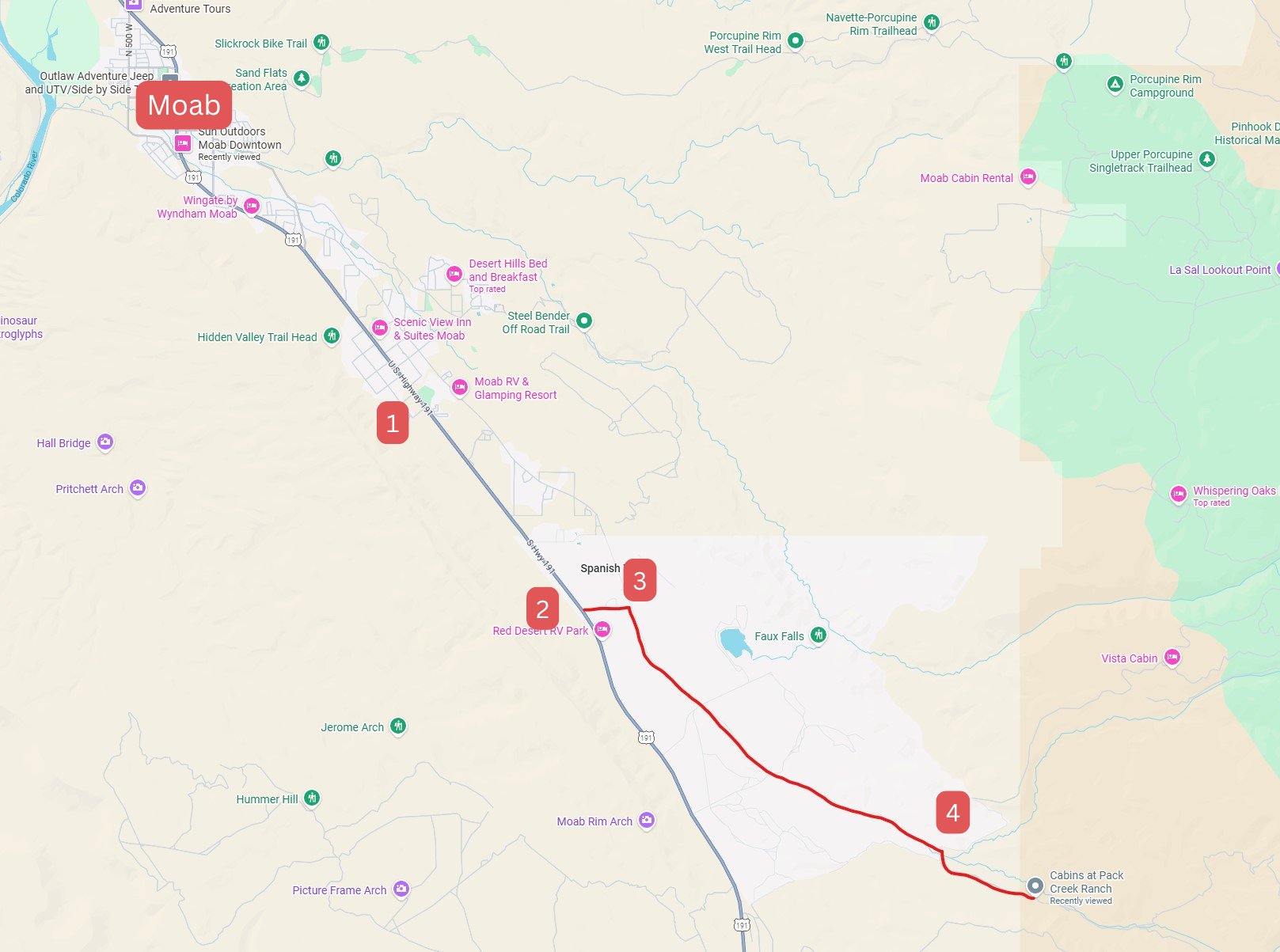 Map from Moab, UT to Red Wolf Cabins at Pack Creek Ranch