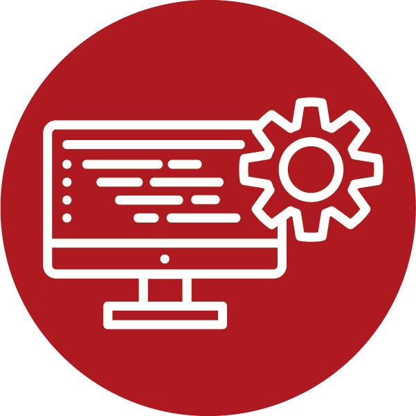 Icon of a computer monitor with code and a gear, representing software development or system settings, on a red circular background.