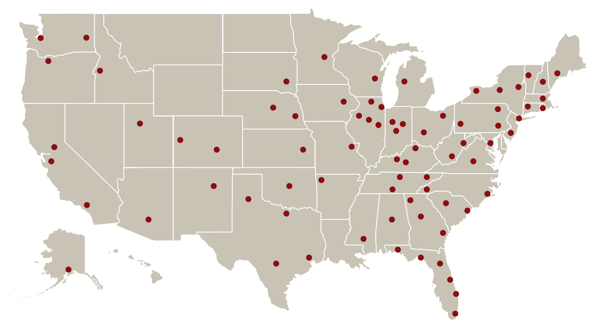 Map of the United States with red dots marking various locations across different states.