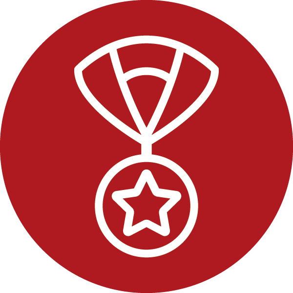 Outline of a medal with a star in the center on a red circular background.