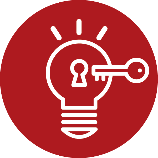 A white outline of a lightbulb with a key inserted into the keyhole, on a red circular background.
