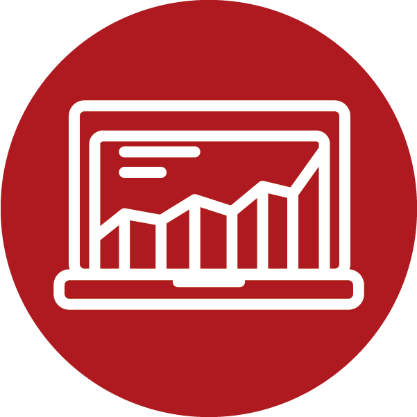 Icon of a computer screen displaying a line graph with rising trend and bar chart, on a red circular background.