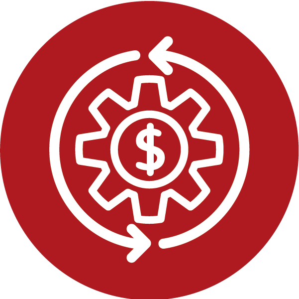 White gear with dollar sign inside, encircled by two white arrows, on a red circular background.