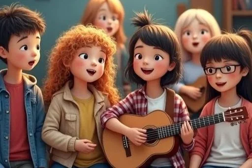 Group of six children, one girl playing guitar, others gathered around singing and smiling.
