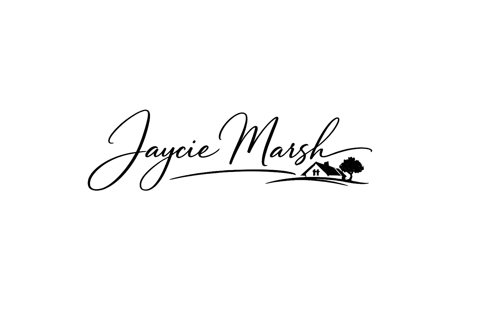 Black background with a signature-style text "Jaxie Marsh" and a small illustration of a house with trees beside it.