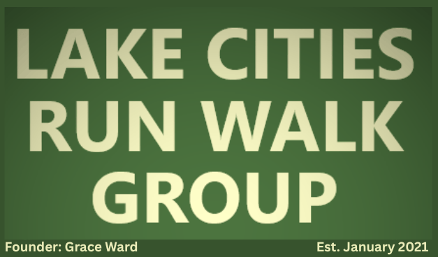 Green promotional poster for Lake Cities Run Walk Group, founded by Grace Ward in January 2021, listing activities like running, walking, and group events.