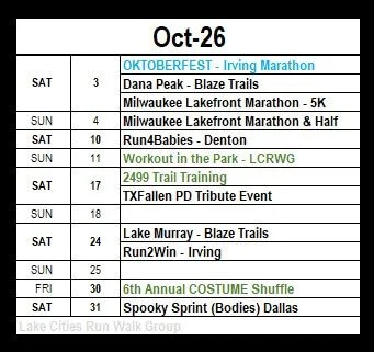 Event schedule for late October including marathon, trail runs, workouts, costume shuffle, and group runs.