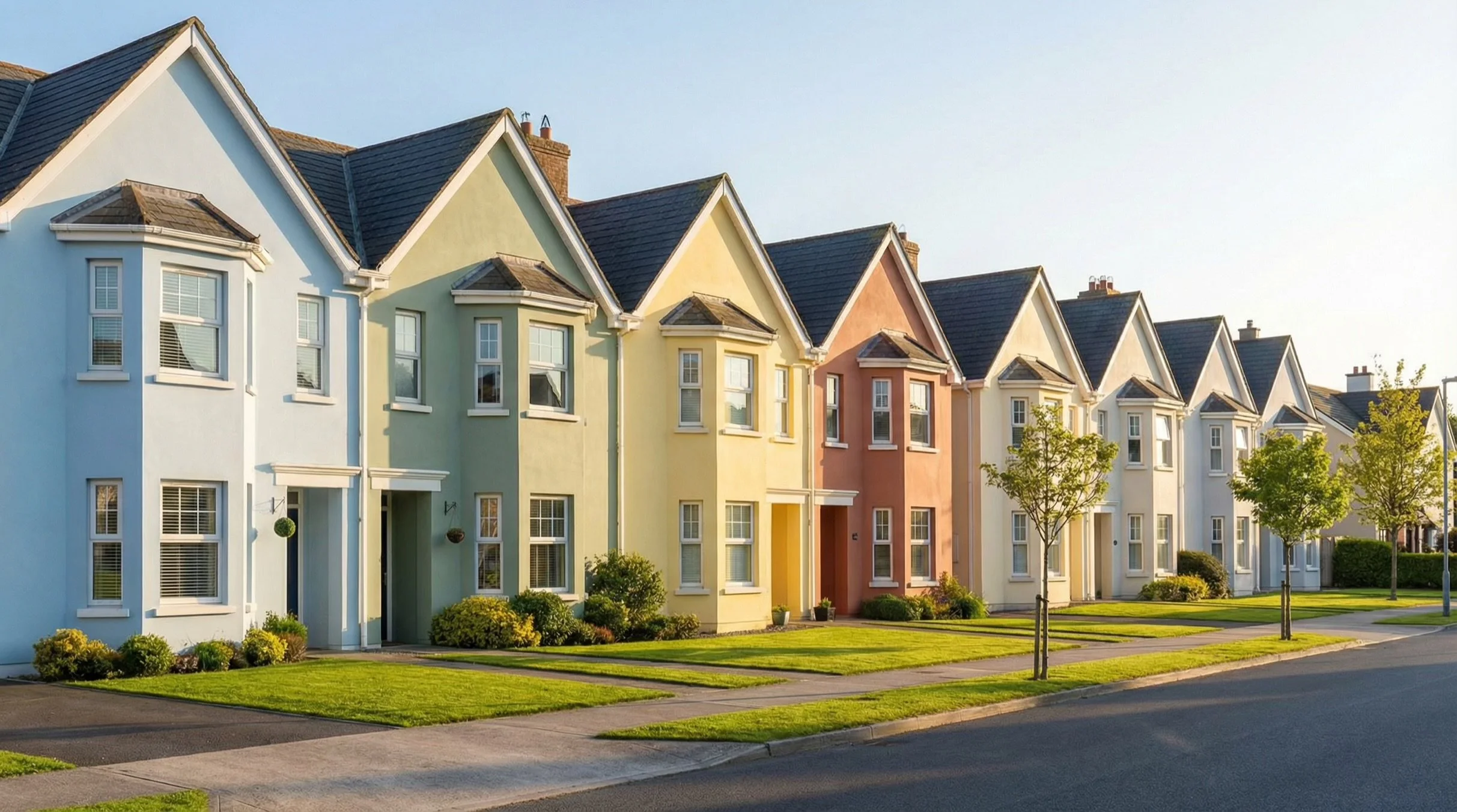 A row of colorful pastel houses with green lawns and trees on a sunny day.