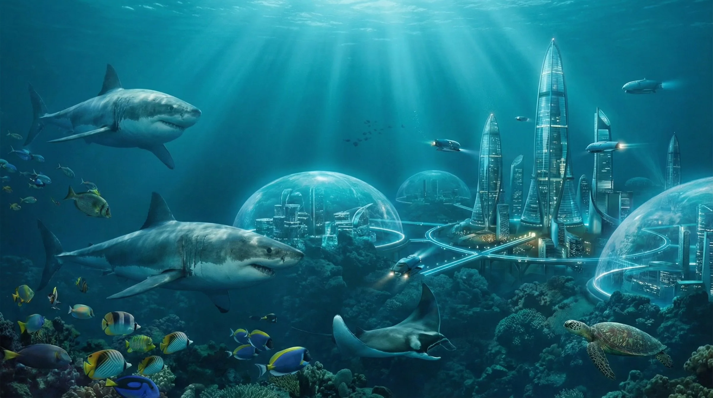 Futuristic underwater city with sharks, fish, and sea turtles swimming past glass domes and tall skyscrapers.
