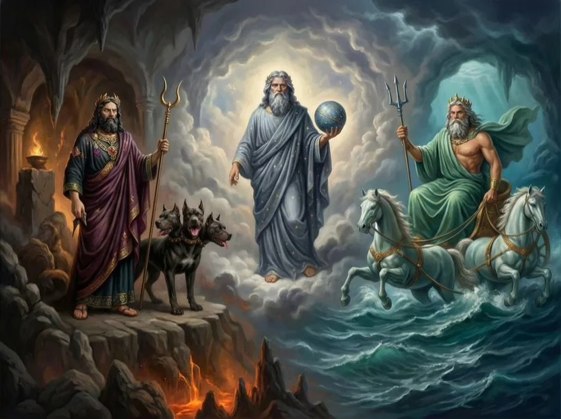 Religious painting depicting God the Father holding a globe, Jesus Christ with a staff and dogs, and the Holy Spirit in a chariot pulled by horses emerging from clouds.