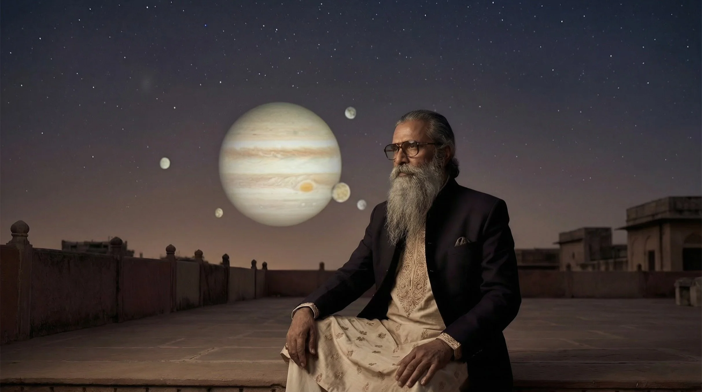 An elderly man with a long white beard and glasses, dressed in traditional Indian attire, is sitting on a rooftop at night against a background of stars and the planets Jupiter and its moons.