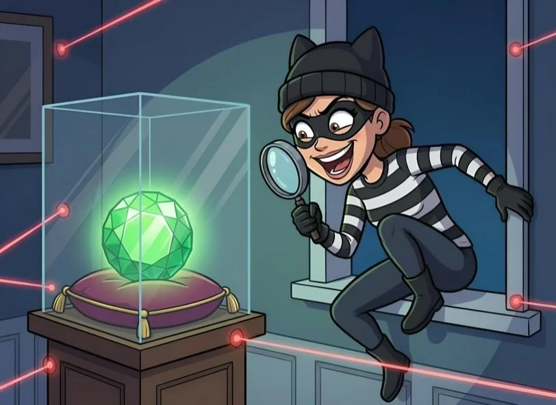 A cartoon thief dressed in black and white striped shirt, wearing a mask and a beanie, examining a glowing green gem with a magnifying glass in a secured display case, with laser security system alert lights.