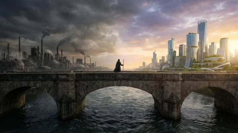 A solitary figure with a staff stands on a stone bridge overlooking a waterway, with a city skyline of modern skyscrapers and industrial factories emitting smoke in the background during sunset.