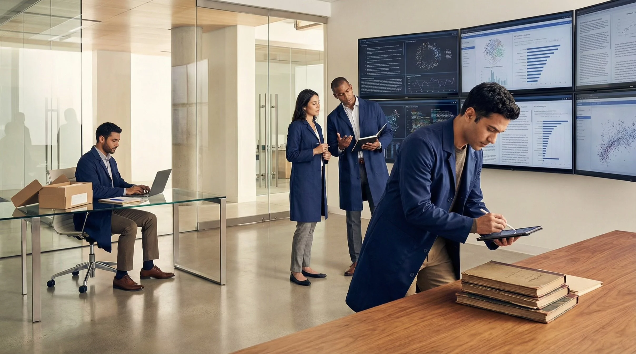 Business professionals working with data and graphs in a modern office conference room.