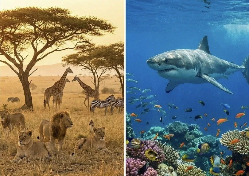 A split image with a savannah scene on the left showing giraffes, lions, and zebras under acacia trees, and an ocean scene on the right with a large shark swimming above colorful coral and small fish.