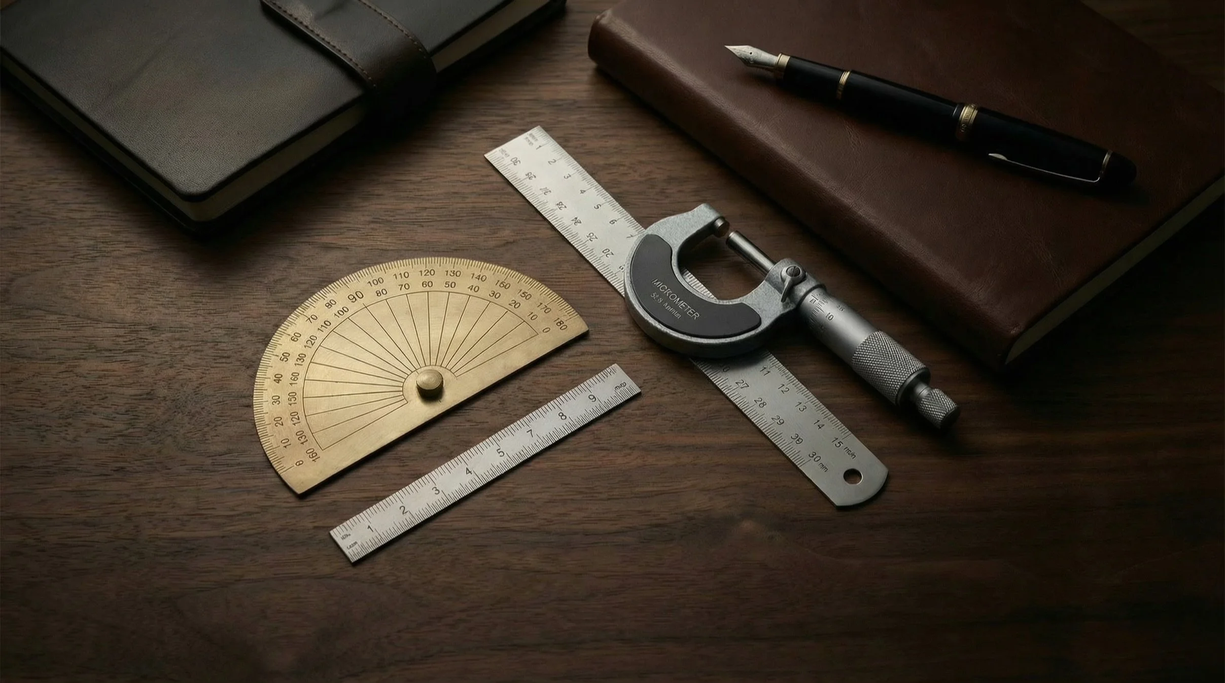 Various measuring tools, notebooks, a pen, and a ruler on a wooden desk.